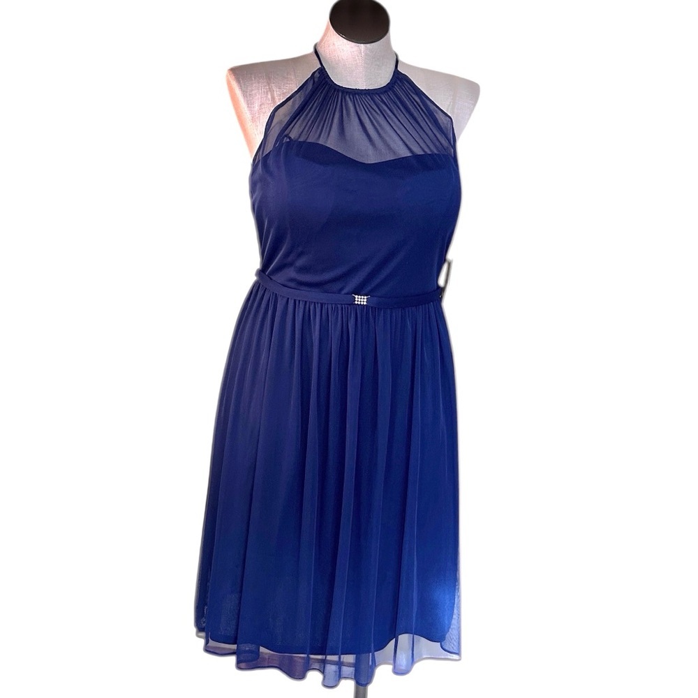 NWT Marina cocktail dress Blue Rhinestone detail belt sheer overlay Sz 16 - Picture 2 of 12